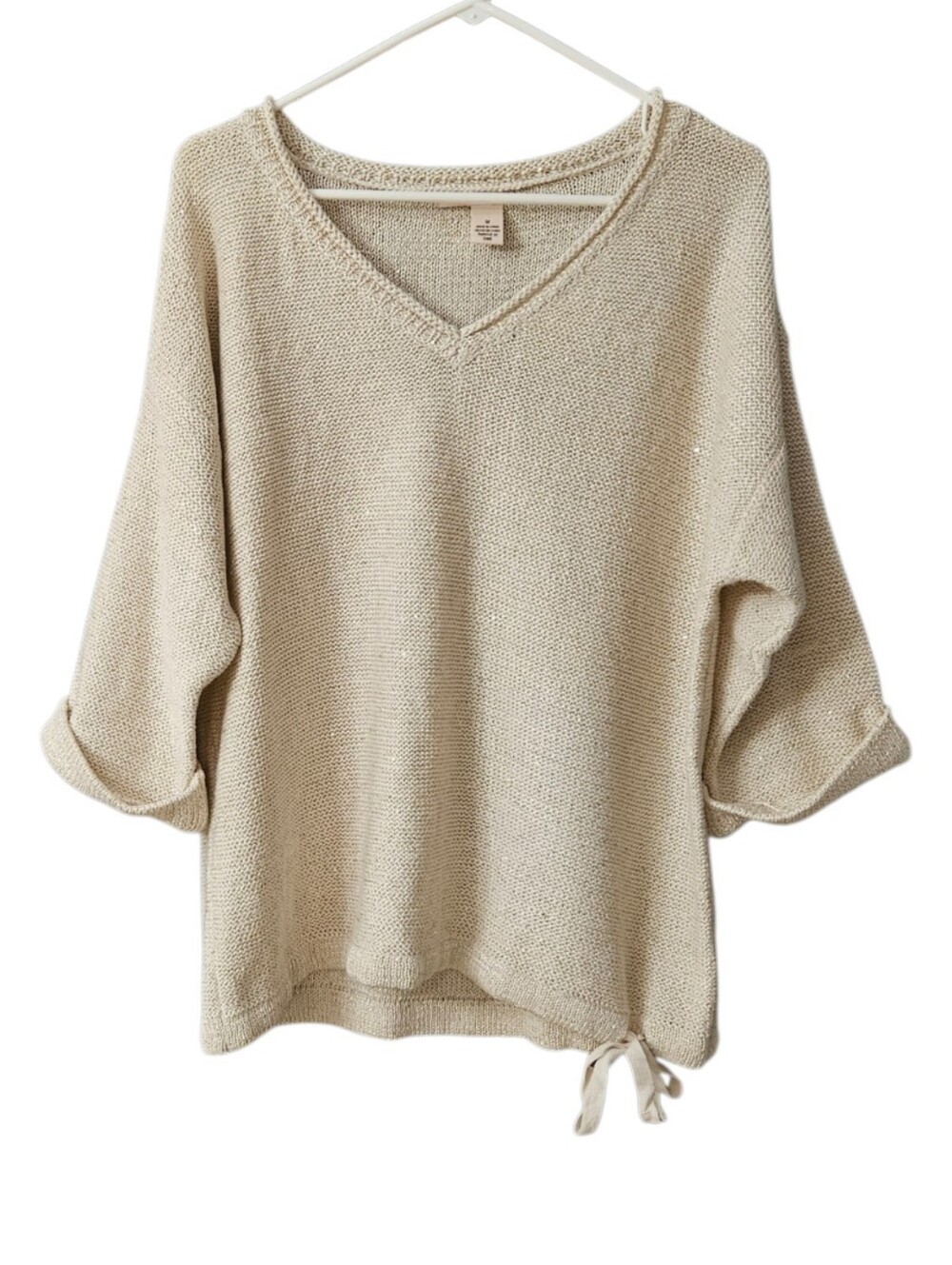 DKNY Jeans Women's V-Neck Sweater Tie Hem Size Medium Cream Metallic Gold